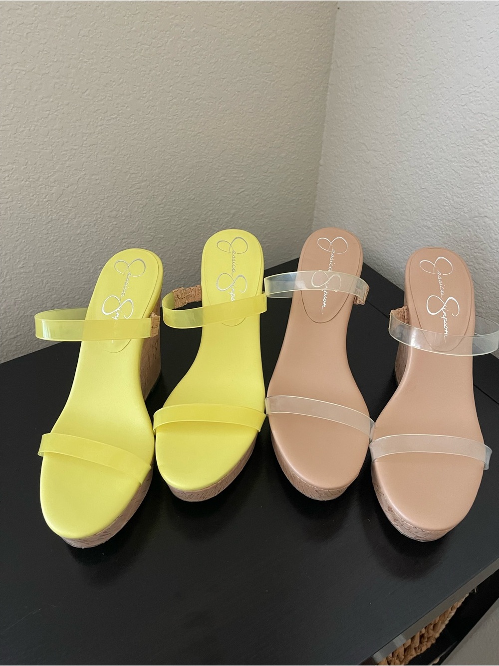 Jessica Simpson Neon Yellow and Nude Clear-Strap Wedge Sandals
